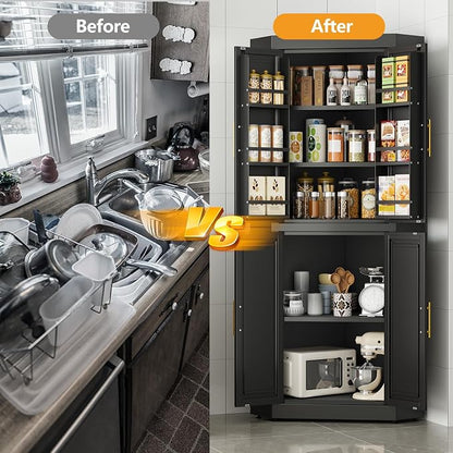 GAIOUS 63" Tall Metal Corner Kitchen Pantry Cabinet, Steel Storage Cabinets with 4 Doors and 3 Shelves, Kitchen Food Cabinets with 6 Door Panel Shelves, Farmhouse Cupboard for Kitchen Dining, Black