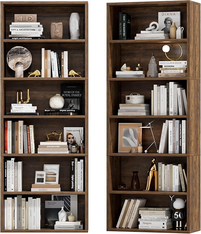 Furniwell 71" Tall Bookcase Bookshelves, 6 Tier Floor Standing Bookcases Open Frame, Modern Display Storage Organizer for Home Office, Living Room, Bedroom, Study Room (Brown, 2 Pcs)