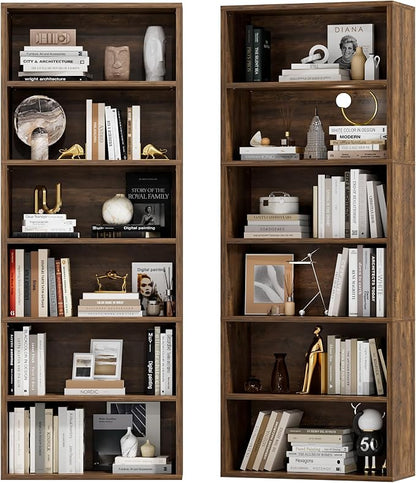 Furniwell 71" Tall Bookcase Bookshelves, 6 Tier Floor Standing Bookcases Open Frame, Modern Display Storage Organizer for Home Office, Living Room, Bedroom, Study Room (Brown, 2 Pcs)