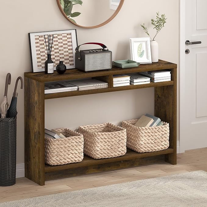 Furinno Viola Entryway Table, 3-Tier Narrow Console Table with Extra Thick Frame and Storage Shelf, 47.2" Wide Sofa Table, for Living Room, Home Office, Entryway, Amber Pine