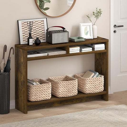 Furinno Viola Entryway Table, 3-Tier Narrow Console Table with Extra Thick Frame and Storage Shelf, 47.2" Wide Sofa Table, for Living Room, Home Office, Entryway, Amber Pine