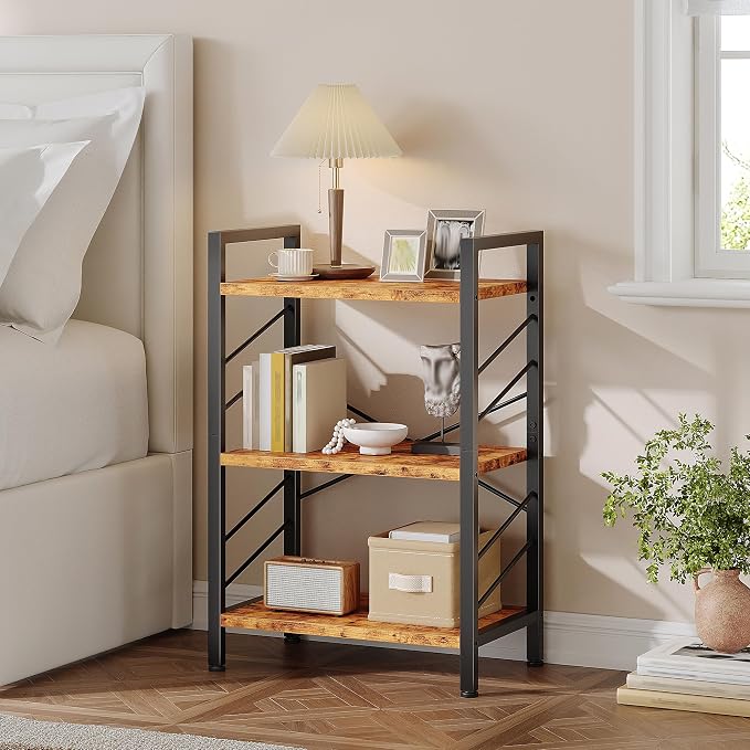 DurayLoly 2 Pieces Book Shelf, 3 Tier Industrial Bookcase with Metal Frame and Sidebars, Small Bookshelf for Living Room, Bedroom, Home Office, Rustic Brown