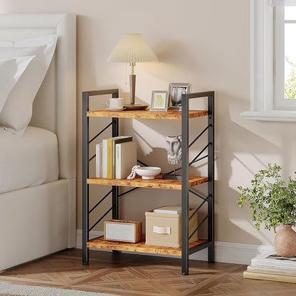 DurayLoly 2 Pieces Book Shelf, 3 Tier Industrial Bookcase with Metal Frame and Sidebars, Small Bookshelf for Living Room, Bedroom, Home Office, Rustic Brown