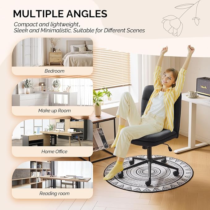 VINGLI Mid Back Armless Office Desk Chair with Wheels/no Wheels,360°Rocking Swivel Vanity Chair with Thickened Cushion,Adjustable Height Rolling for Reading Room, Make up, Linen Black