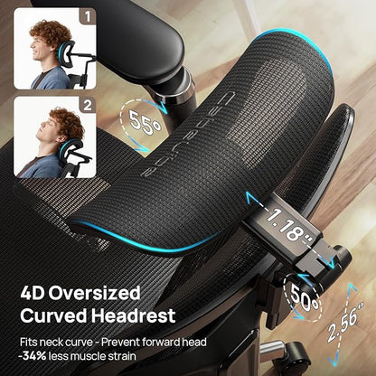Ergonomic Office Chair with Adaptive Dual-Wing Lumbar Support - Over 10 Hours Sitting Comfortable Mesh Big and Tall Home Desk Chair, 4D Headrest, 2-Gear Footrest, 630° Armrst, Seat Depth Adjustable