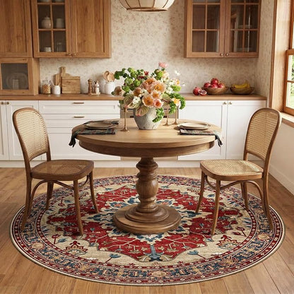RELEANY Area Rugs Round 6ft Washable Non-Slip, Floral Vintage Distress Medallion Carpet for Living Room Bedroom Dining Room, Red Blue