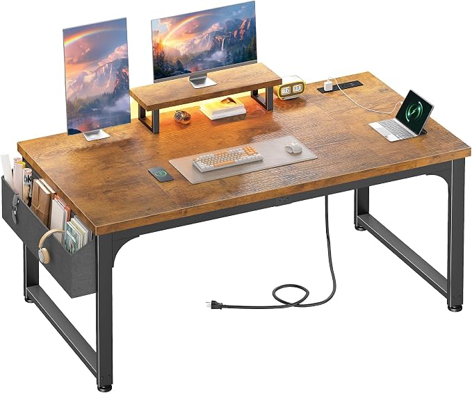 DurayLoly 55 x 24 inch Desk, 24mm Thick Heavy Duty Computer Desk with RGB LED & Power Outlets, Gaming Desk with Detachable Stand, 150LBS Load Capacity, Work Gaming Desk for Home Office, Brown