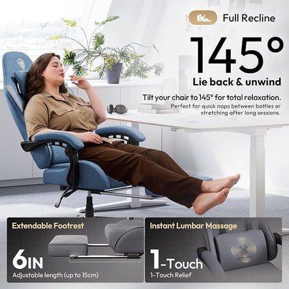 Dowinx Gaming Chair Fabric Big and Tall with Pocket Spring Cushion, Massage Game Chair Cloth with Headrest, Ergonomic Computer Chair with Footrest 350LBS, Blue