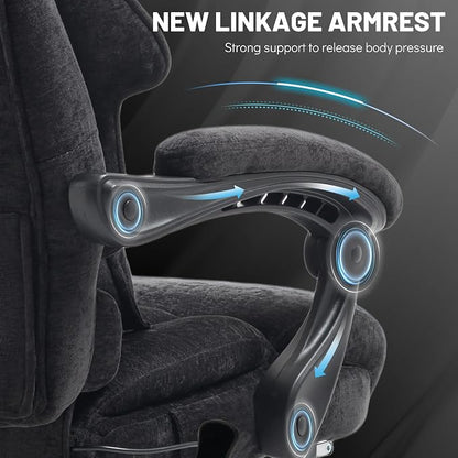 Massage Office Chair with Foot Rest,Kneading & Heat Executive Office Chairs,Big and Tall Fabric Office Chair 500LBS,Ergonomic Desk Chair for Heavy People,Recliner with Dual-Use Pillow,Black