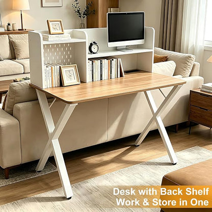 44"×24" White Computer Desk Home Office Gaming Desk with Charging Station Pegboard Motion Sensor Light, Modern Study Desk for Bedroom Living Room Game Kids Room Nursery