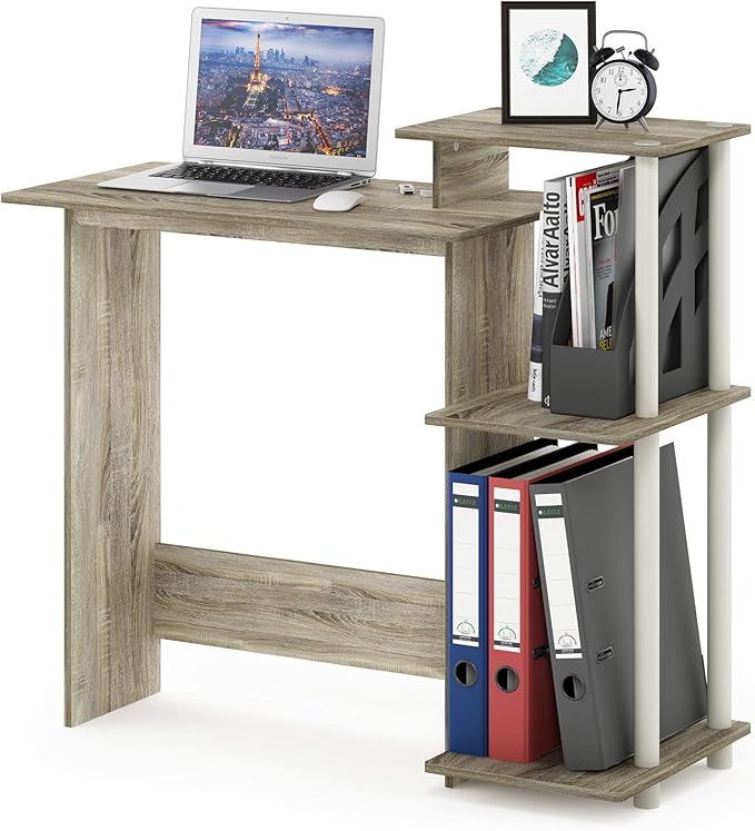 Furinno Efficient 29-Inch Oak Computer Desk with Side Shelves, Gaming Desk with 3 Open Shelves, Home Office Desk, for Home Office, Study Room, Dorm, Bedroom, Light Oak