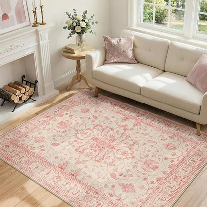 RELEANY Area Rugs 4'x6' Washable Non-Slip, Floral Vintage Distress Medallion Carpet for Living Room Bedroom Dining Room, Pink Light Vintage Pink