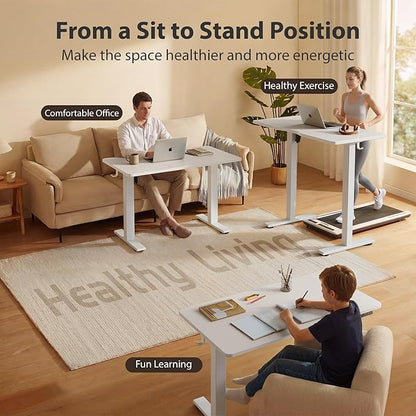 Cubiker Standing Desk, 55x28 Inches Sit Stand Home Office Desk, Electric Stand up Desk, Adjustable Desk with Splice Board, White Frame/White Top