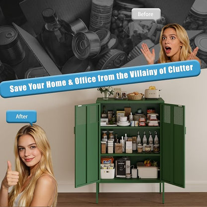 2 Mesh Door Metal Storage Cabinet with Adjustable Shelves, 3 Tier Steel Office Storage Cabinet 47''H Multipurpose Green Storage Cabinet, Metal Locker Storage Cabinet for Office, Home, Hallway