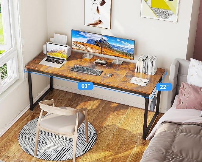 Casaottima 63 Inch Computer Desk for Home Office, Study Writing Table for Small Spaces, Simple Modern Desk with Headphone Hooks, Rustic Brown