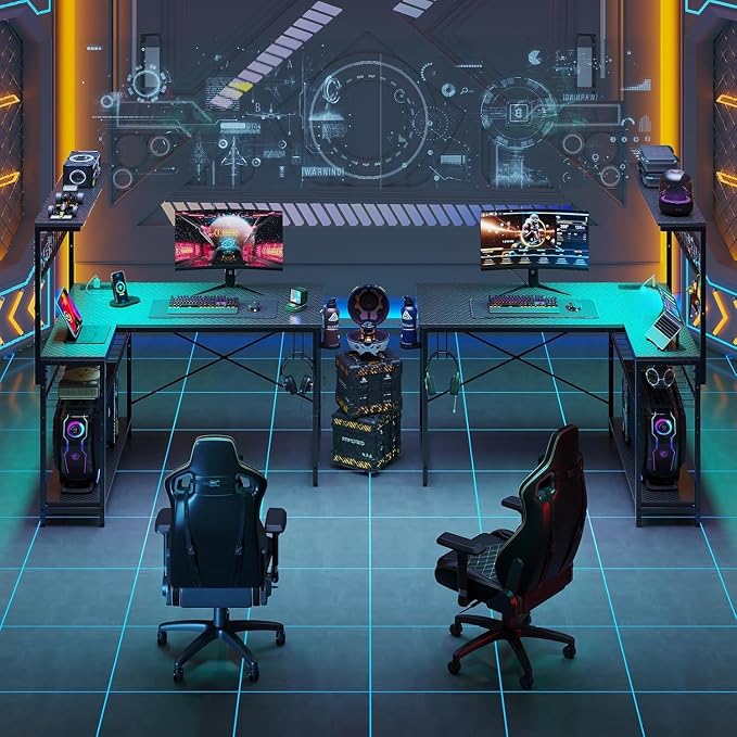 Bestier 42 L Gaming Desk,Computer Desk with Power Outlets, LED Lights, Reversible Corner Desk with 4-Tier Shelves,Cup Holder & Hook Carbon Fiber Black