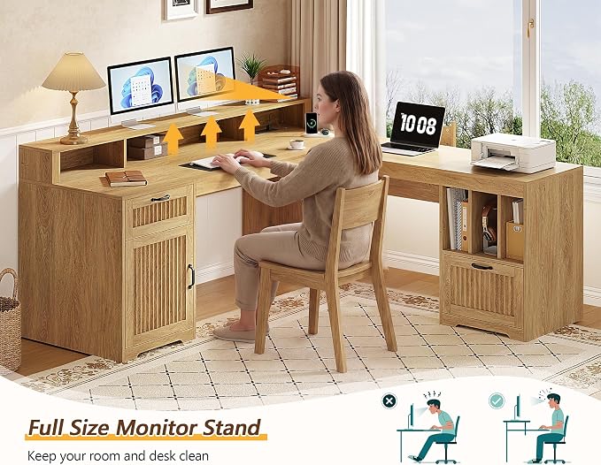 YOMILUVE 63" L Shaped Desk with Drawers, Farmhouse Corner Computer Desk with Power Outlets, Storage Cabinet, Home Office Executive Desk with Long Monitor Stand, Oak