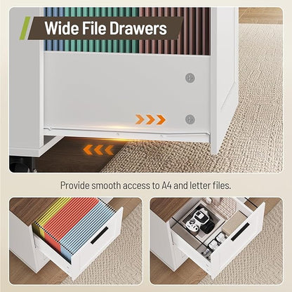 Lateral File Cabinet, 2 Drawers Mobile Filing Cabinet for Home Office, Printer Stand with Adjustable Open Shelves, with Locking Casters, fit Legal/Letter/A4 Files, Walnut and White