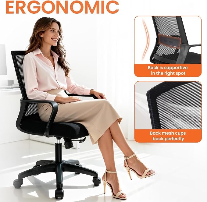 NEO Chair Office Desk Chair Gaming Computer Chair Ergonomic Mesh Mid Back with Rolling Wheels Lumbar Support Comfy Swivel Adjustable for Home (All Black)