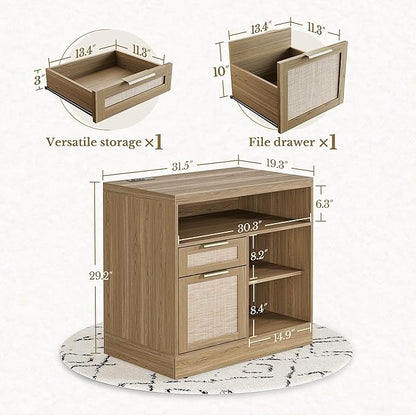 2 Drawer Rattan File Cabinet, 32'' Lateral File Cabinet with Lock and AC/USB for Letter/A4 Size, Wood Filing Cabinet with Storage Shelves for Home Office, Natural Oak