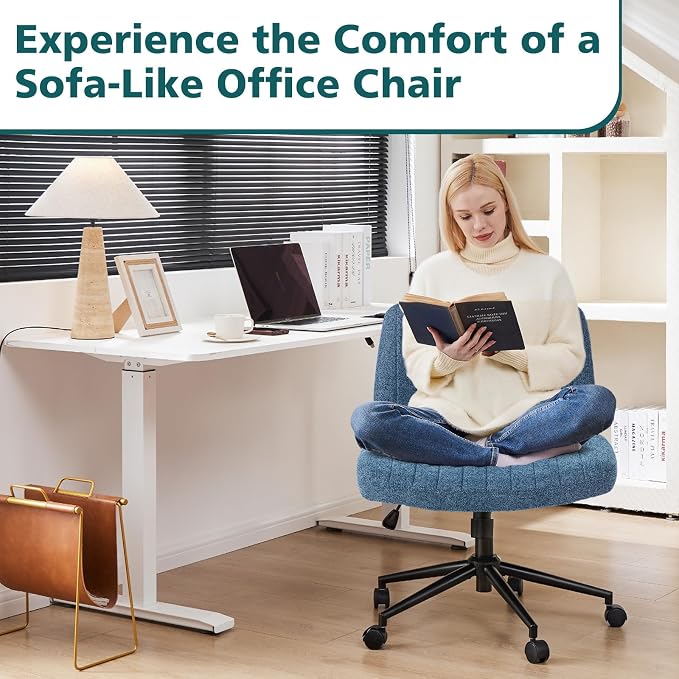 OLIXIS Criss Cross Chair with Wheels Wide Cross Legged Office Desk Vanity Chair Comfy Fabric Armless Height Adjustable Swivel for Home Computer Task Blue