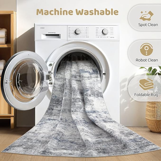 8x10 Area Rugs Living Room: Washable Large Abstract Neutral Modern Soft Rugs Stain Resistant Indoor Floor Non-Slip Accent Carpet for Bedroom Nursery Playroom Office Dining Room Home Decor- Blue Gray