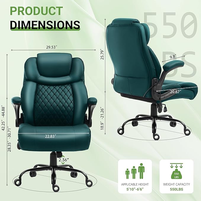 Office Chair, Big and Tall Executive Chairs with Lumbar Support for Back Pain,Breathable Desk Computer Chair with Adjustable Flip-up Armrests,Wide Cushion Swivel Home Office Chair Green PU
