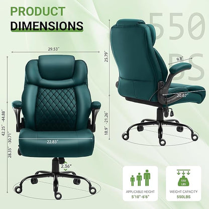 Office Chair, Big and Tall Executive Chairs with Lumbar Support for Back Pain,Breathable Desk Computer Chair with Adjustable Flip-up Armrests,Wide Cushion Swivel Home Office Chair Green PU