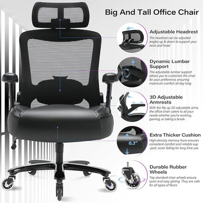 600lbs Big and Tall Office Chair- Heavy Duty Executive Computer Chair with 3D Flip Arms Large Wheels, Ergonomic Mesh High Back Desk Chair, Extra Wide Seat Adjustable Lumbar Support&Headrest