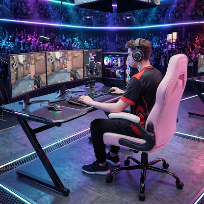 DUMOS Ergonomic Computer Gaming Chair - Home Office Desk with PU Leather Lumbar Support, Height Adjustable Big and Tall Video Game with Flip-up Armrest, Swivel Wheels for Adults, White and Pink