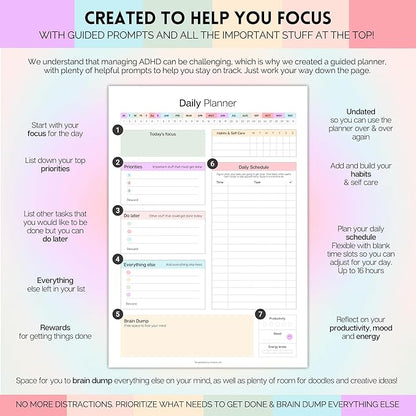ADHD Daily Planner for Neurodivergent Adults - Productivity Daily Planner & Task Management to Stay Organized and Focused (Rainbow)