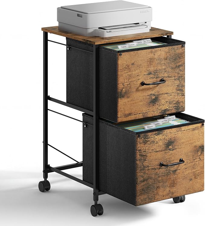 DEVAISE 2 Drawer Mobile File Cabinet, Rolling Printer Stand, Fabric Vertical Filing Cabinet fits A4 or Letter Size for Home Office, Rustic Brown Wood Grain Print