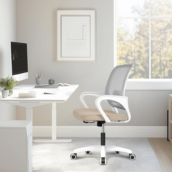 NEO CHAIR Office Desk Ergonomic Computer Mesh Chair with Lumbar Mid Back Support Adjustable Height Swivel Rolling Wheels Comfy Task Vanity Chair for Home Bedroom Study (Beige)