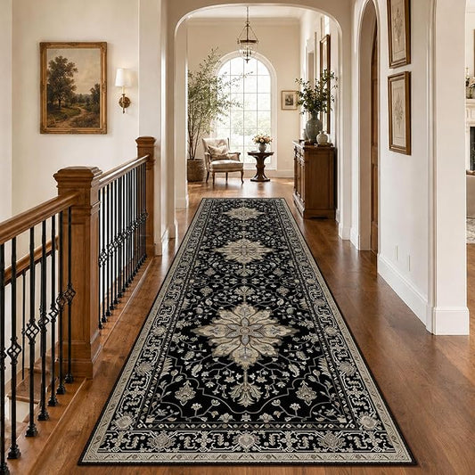 RELEANY Area Rugs Runner 3'x10' Washable Non-Slip, Floral Vintage Distress Medallion Carpet for Kitchen Hallway Bedroom Beside Laundry Room Bathroom, Black Brown Neutral Dark Tan