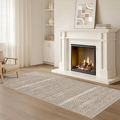Nakagishi Area Rug Living Room Rugs: 2X6 Machine Washable Boho Large Neutral Farmhouse Stain Resistant Moroccan Indoor Floor Carpet for Bedroom Nursery Dorm Dining Room Home-Dark Brown