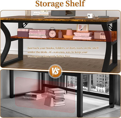 47 inch Computer Desk, Home Office Desk with Storage Shelf, Sturdy U-Shaped Metal Frame Study Table with Cable Management, Gaming Desk for Office & Bedroom (Rustic Brown, 47inch)