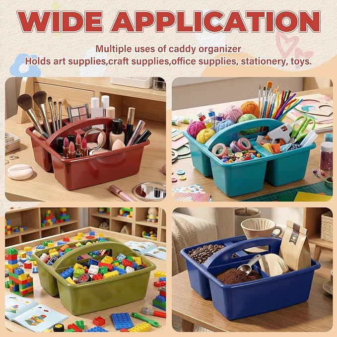 Kathfly 4 Pack Classroom Caddy Organizer with Handle, Plastic Art Craft Cleaning Caddy Bulk, Small Multipurpose Supply Organization Storage Basket for Table Desk Office Pencil Teacher (Deep Color)