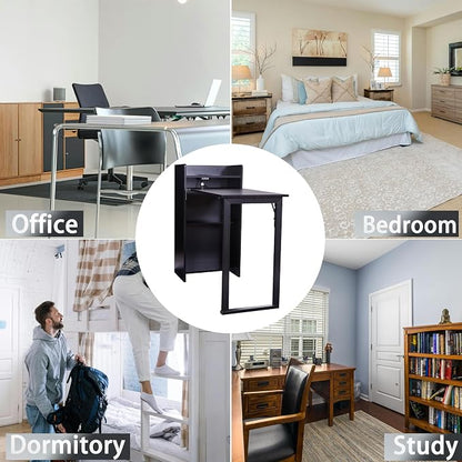Foldable Desk,Hidden Desk with Storage and Built-in Socket,Mid Century Fold Out Table for Small Spaces,Home Office and Bedroom (Black)