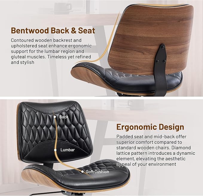 Walnut Bentwood Mid Back Armless Office Chair 2 Pack, Adjustable Height PU Leather Swivel Desk Chair with Wheels, Rolling Computer Task Chair for Home Office, Study, Meeting Room