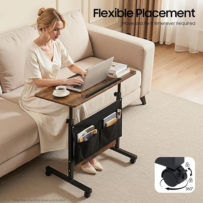 Small Mobile Standing Desk with Storage, 24" L×16" W Mobile Office Table, Rolling Laptop Table with 180° Flip, 32-47in Adjustable Height Desk for Small Spaces Home Offices
