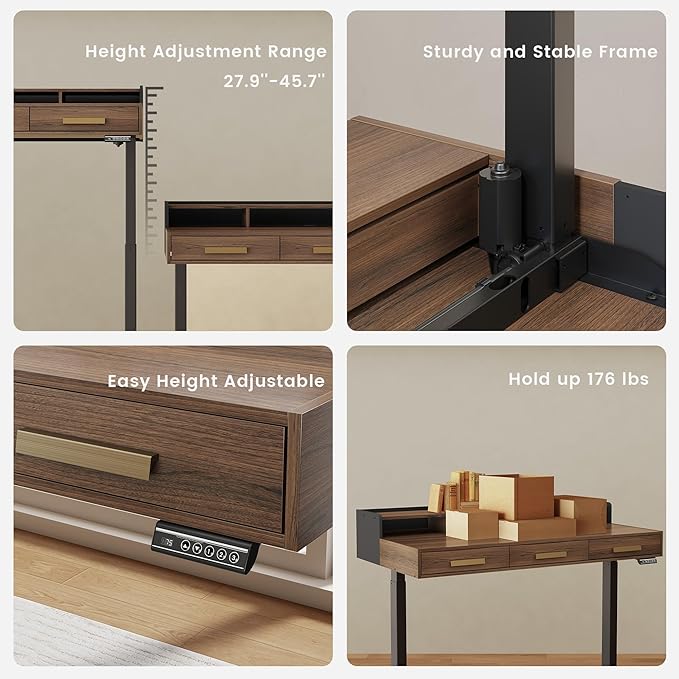 ModernMate Electric Standing Desk with 3 Drawers & Monitor Shelf, 48" Height Adjustable Sit Stand Desk with Storage, Home Office Computer Workstations for Small Space, Black Walnut