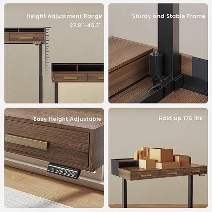 ModernMate Electric Standing Desk with 3 Drawers & Monitor Shelf, 48" Height Adjustable Sit Stand Desk with Storage, Home Office Computer Workstations for Small Space, Black Walnut
