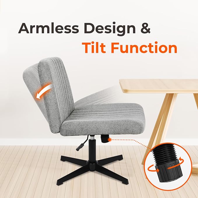 NEO CHAIR Criss Cross Chair No Wheel Vanity Desk Chair Wide Armless Cross Legged Office Comfy Makeup Adjustable Computer Task for Home Office Fabric (Grey)