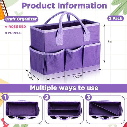 Tellingyou 2 Pcs Art Craft Tote Bag Teacher Craft Organizers and Storage Bag Desktop Tote Supply 600d Oxford Classroom Organizer Caddy Gift for Crafters Christmas Office(Purple, Rose Red)