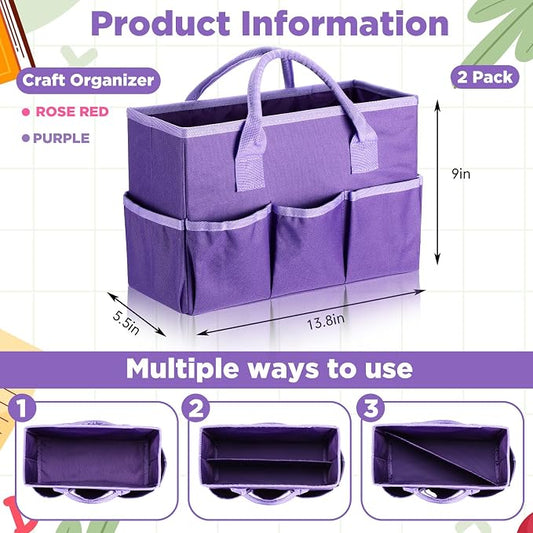 Tellingyou 2 Pcs Art Craft Tote Bag Teacher Craft Organizers and Storage Bag Desktop Tote Supply 600d Oxford Classroom Organizer Caddy Gift for Crafters Christmas Office(Purple, Rose Red)