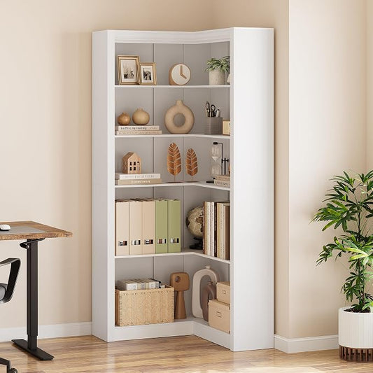 GarveeHome Corner Bookshelf, 71.8 in White Corner Bookcase, L-Shaped Bookshelf Large Bookcase, 5 Tier Display Shelf Heavy Duty Bookcases, Bookshelves with Storage