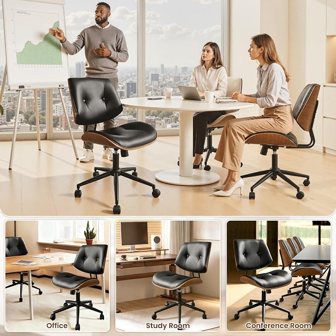 ovios Home Office Chair with Wheels, Modern PU Leather Swivel Computer Desk Chair, Mid Back Adjustable Height Armless Walnut Chairs for Office (Black Button)