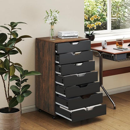 7 Drawer File Cabinet, 34.5" Vertical Storage Drawer Cart, Under Desk Office Organizer, Wooden Printer Stand, Rolling Filing Cabinet for Home Office (Rustic Brown)