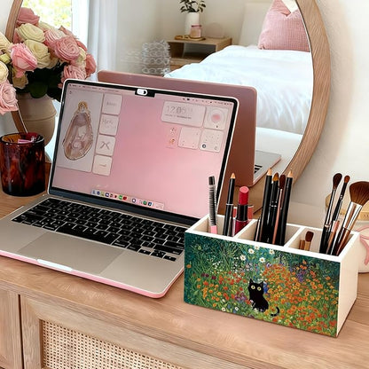 Black Cat Pen Pencil Holder for Desk, Black Cat Mom Lady Lovers Gifts for Women, Pet Lover Gifts, Cottagecore Wildflower Kitten Wooden Box Sign Decorations for Home Office Desk Tabletop