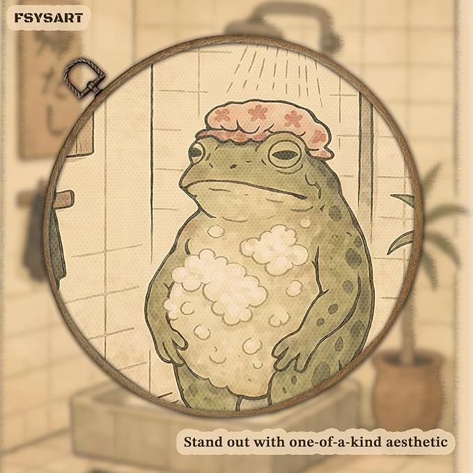 Framed Vintage Frog Bathroom Wall Art, Funny Cute Green Frog in Bubble Bath Canvas Prints, Japanese-Style Retro Cartoon Animal Artwork, Whimsical Wall Decor for Dorm Apartment Toilet 12x16in